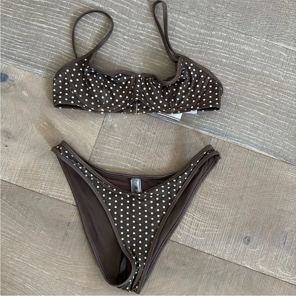 Frankie's Bikinis x PINK Brown Polka Dot Bikini Set